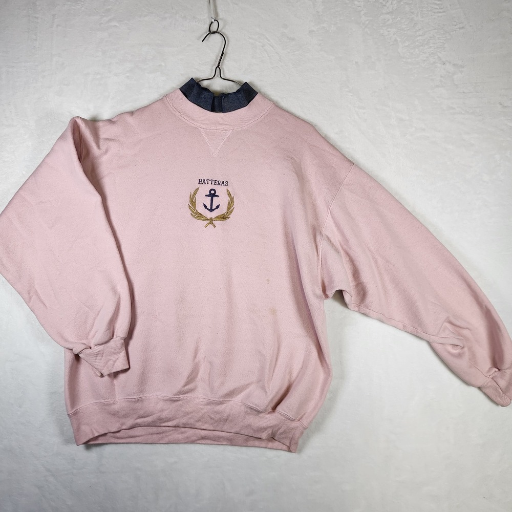 Vintage Hatteras Anchor Embroidered Sweatshirt Pink Mock Neck Pullover XL